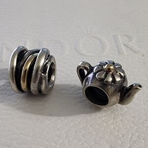 Authentic Pandora Teapot and Twisted Rope Charm 14k and sterling silver Retired